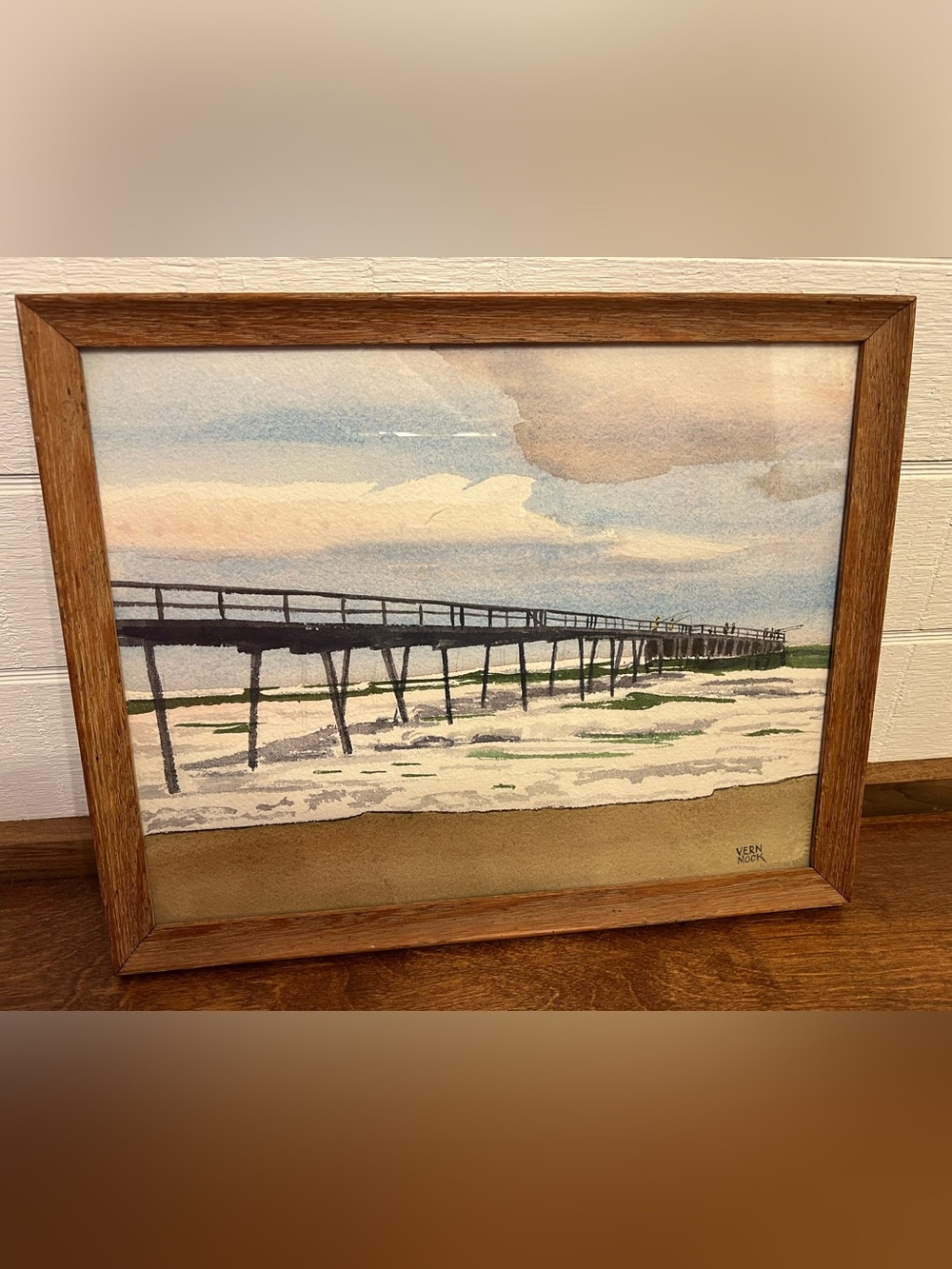Vintage Beach Dock Fisherman Orig Watercolor Painting Signed Vern Dock
